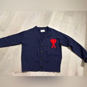 AMI Paris Navy Cardigan Red Heart Logo – Button Front Wool Knit